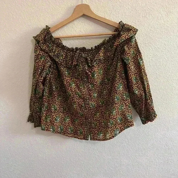 J. Crew Ratti Elephant Print Ruffle Off The Shoulder Top Size 00 - Picture 2 of 6